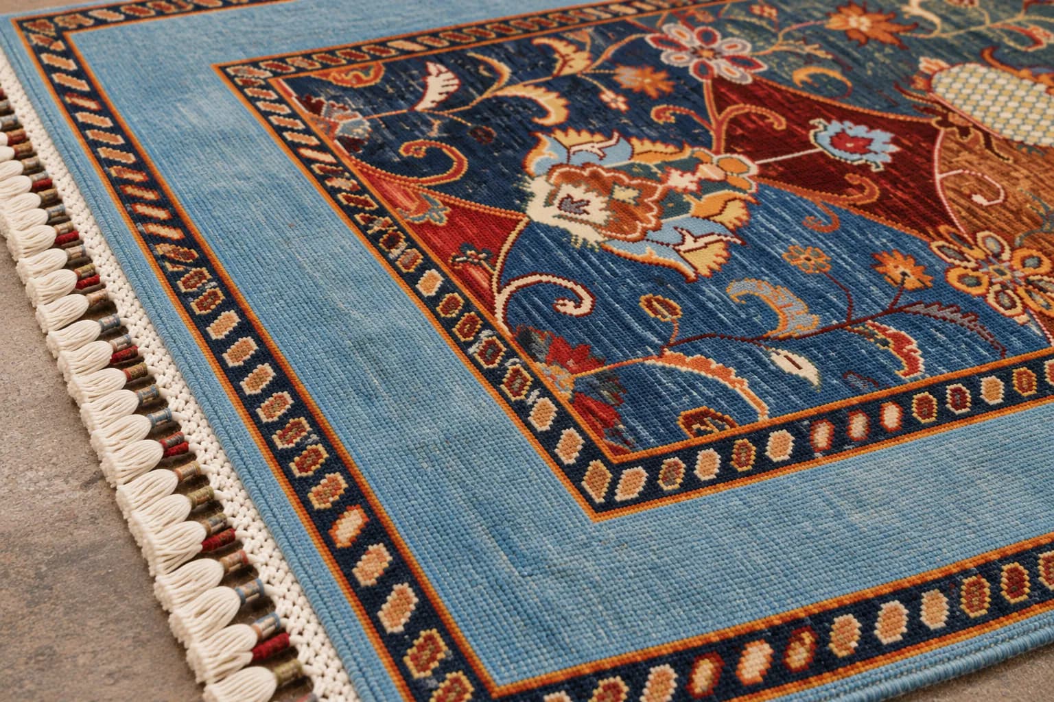 Handmade Southwestern Asian Floral Wool Carpet– Blue & Multicolor Traditional Carpet