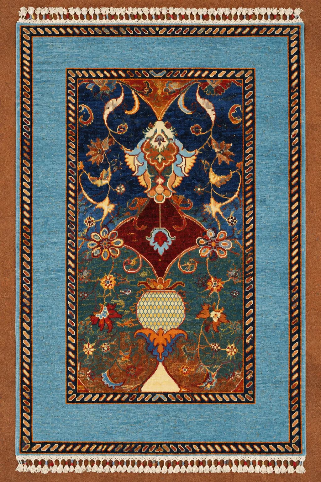 Handmade Southwestern Asian Floral Wool Carpet– Blue & Multicolor Traditional Carpet